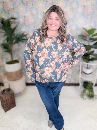 Elowen Thermal Scoopbottom Long Sleeve in Vintage Navy Floral-2- Long Sleeve Tops-cream and sugar-Styled by Stacked - A Plus Size Women's Boutique in Lakeville, MN