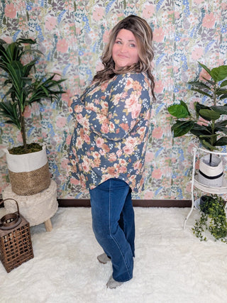 Elowen Thermal Scoopbottom Long Sleeve in Vintage Navy Floral-2- Long Sleeve Tops-cream and sugar-Styled by Stacked - A Plus Size Women's Boutique in Lakeville, MN