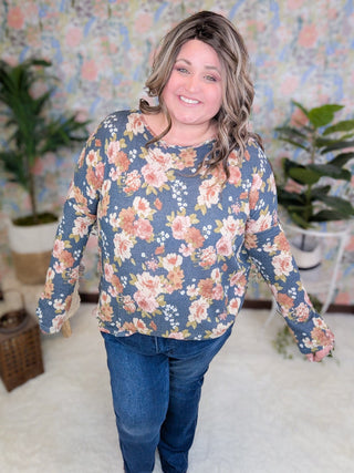 Elowen Thermal Scoopbottom Long Sleeve in Vintage Navy Floral-2- Long Sleeve Tops-cream and sugar-Styled by Stacked - A Plus Size Women's Boutique in Lakeville, MN