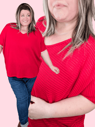 Ember Vneck Waffle Knit Dolman Short Sleeve Top in Red-1- ShortSlv/Slvless Tops-BE STAGE-Styled by Stacked - A Plus Size Women's Boutique in Lakeville, MN