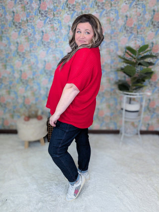 Ember Vneck Waffle Knit Dolman Short Sleeve Top in Red-1- ShortSlv/Slvless Tops-BE STAGE-Styled by Stacked - A Plus Size Women's Boutique in Lakeville, MN