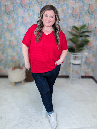 Ember Vneck Waffle Knit Dolman Short Sleeve Top in Red-1- ShortSlv/Slvless Tops-BE STAGE-Styled by Stacked - A Plus Size Women's Boutique in Lakeville, MN