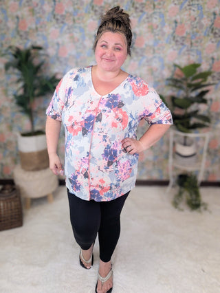 Emery Reverse Hem Short Sleeve Vneck in Ivory Multi Floral-1- ShortSlv/Slvless Tops-HEIMISH-Styled by Stacked - A Plus Size Women's Boutique in Lakeville, MN