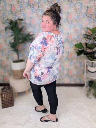 Emery Reverse Hem Short Sleeve Vneck in Ivory Multi Floral-1- ShortSlv/Slvless Tops-HEIMISH-Styled by Stacked - A Plus Size Women's Boutique in Lakeville, MN
