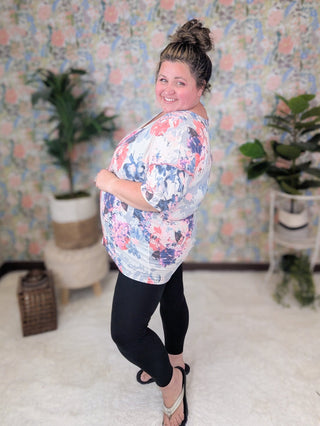 Emery Reverse Hem Short Sleeve Vneck in Ivory Multi Floral-1- ShortSlv/Slvless Tops-HEIMISH-Styled by Stacked - A Plus Size Women's Boutique in Lakeville, MN