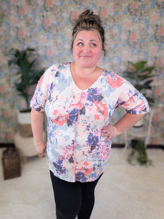 Emery Reverse Hem Short Sleeve Vneck in Ivory Multi Floral-1- ShortSlv/Slvless Tops-HEIMISH-Styled by Stacked - A Plus Size Women's Boutique in Lakeville, MN