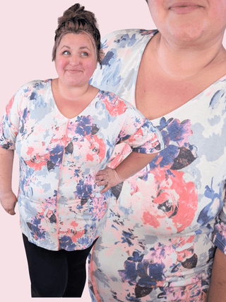 Emery Reverse Hem Short Sleeve Vneck in Ivory Multi Floral-1- ShortSlv/Slvless Tops-HEIMISH-Styled by Stacked - A Plus Size Women's Boutique in Lakeville, MN