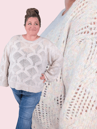 Esme Rainbow Speckle Boxy Sweater w/Open Knit-2- Long Sleeve Tops-WHITE BIRCH-Styled by Stacked - A Plus Size Women's Boutique in Lakeville, MN