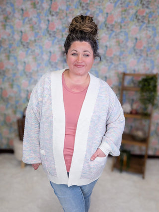 4- Overlayer Tops Etta Textured Luxe Cardigan w/Pockets in Pastel Mix plus size clothing