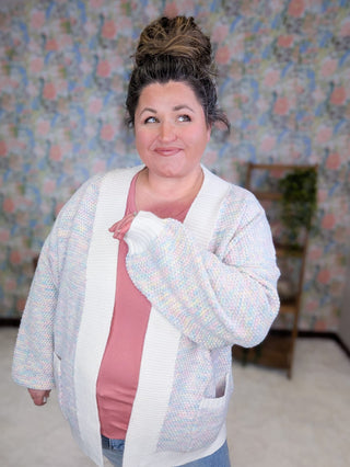 4- Overlayer Tops Etta Textured Luxe Cardigan w/Pockets in Pastel Mix plus size clothing