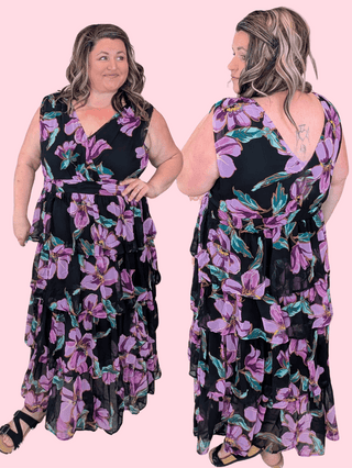 11- Dress/Romp/Jump Evangeline Tiered Purple Floral Dress  on Black plus size clothing