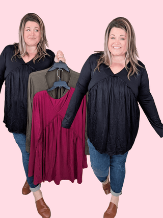 Evans Modified Babydoll Long Sleeve Top in Solids (3 Colors)-2- Long Sleeve Tops-HEIMISH-Styled by Stacked - A Plus Size Women's Boutique in Lakeville, MN
