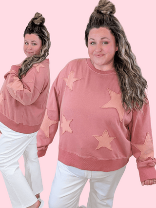 2- Long Sleeve Tops Evelyn Patched Star Pullover in Marsala plus size clothing