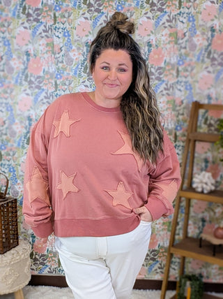 2- Long Sleeve Tops Evelyn Patched Star Pullover in Marsala plus size clothing
