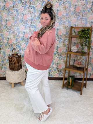 2- Long Sleeve Tops Evelyn Patched Star Pullover in Marsala plus size clothing
