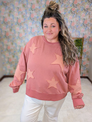 2- Long Sleeve Tops Evelyn Patched Star Pullover in Marsala plus size clothing