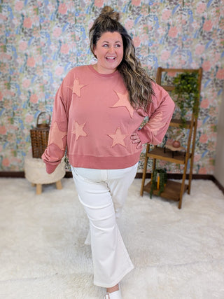 2- Long Sleeve Tops Evelyn Patched Star Pullover in Marsala plus size clothing