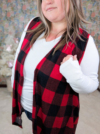 Elena Buffalo Plaid Open Vest w/Pockets in Red-4- Overlayer Tops-HEIMISH-Styled by Stacked - A Plus Size Women's Boutique in Lakeville, MN