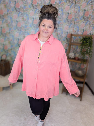 2- Long Sleeve Tops Everly Buttondown Mineral Washed Top in Coral Pink plus size clothing