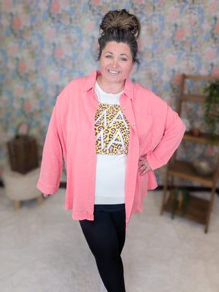 2- Long Sleeve Tops Everly Buttondown Mineral Washed Top in Coral Pink plus size clothing