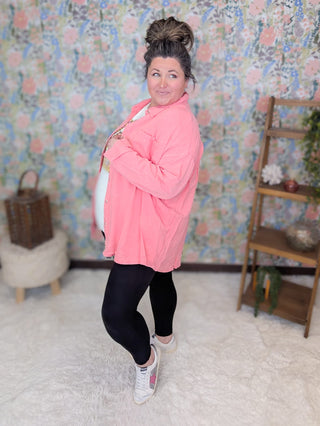 2- Long Sleeve Tops Everly Buttondown Mineral Washed Top in Coral Pink plus size clothing