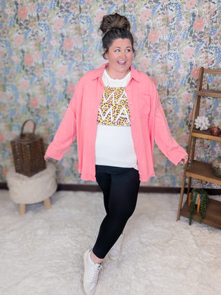 2- Long Sleeve Tops Everly Buttondown Mineral Washed Top in Coral Pink plus size clothing