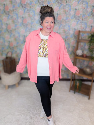 2- Long Sleeve Tops Everly Buttondown Mineral Washed Top in Coral Pink plus size clothing