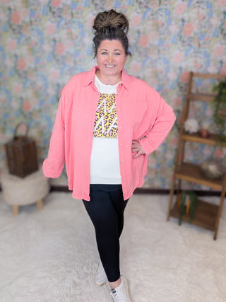 2- Long Sleeve Tops Everly Buttondown Mineral Washed Top in Coral Pink plus size clothing