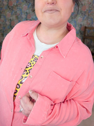 2- Long Sleeve Tops Everly Buttondown Mineral Washed Top in Coral Pink plus size clothing