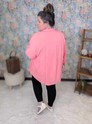2- Long Sleeve Tops Everly Buttondown Mineral Washed Top in Coral Pink plus size clothing