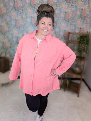 2- Long Sleeve Tops Everly Buttondown Mineral Washed Top in Coral Pink plus size clothing