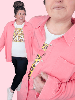 2- Long Sleeve Tops Everly Buttondown Mineral Washed Top in Coral Pink plus size clothing