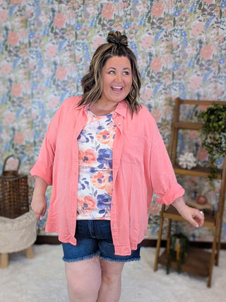 2- Long Sleeve Tops Everly Buttondown Mineral Washed Top in Coral Pink plus size clothing