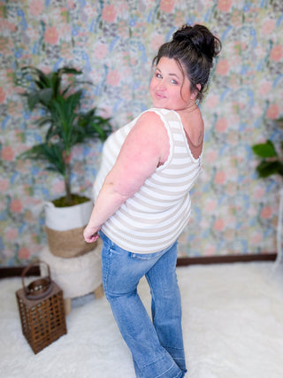 Ezra Scallop Hem Scoopneck Tank in Neutral Stripes (2 colors)-1- ShortSlv/Slvless Tops-WHITE BIRCH-Styled by Stacked - A Plus Size Women's Boutique in Lakeville, MN