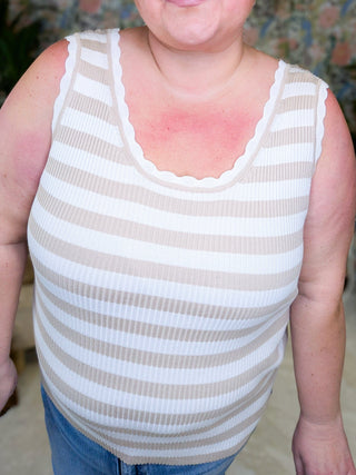 Ezra Scallop Hem Scoopneck Tank in Neutral Stripes (2 colors)-1- ShortSlv/Slvless Tops-WHITE BIRCH-Styled by Stacked - A Plus Size Women's Boutique in Lakeville, MN