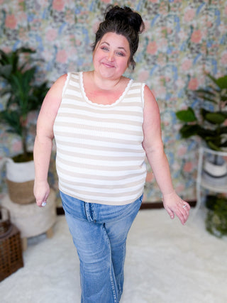 Ezra Scallop Hem Scoopneck Tank in Neutral Stripes (2 colors)-1- ShortSlv/Slvless Tops-WHITE BIRCH-Styled by Stacked - A Plus Size Women's Boutique in Lakeville, MN