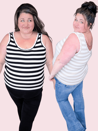 Ezra Scallop Hem Scoopneck Tank in Neutral Stripes (2 colors)-1- ShortSlv/Slvless Tops-WHITE BIRCH-Styled by Stacked - A Plus Size Women's Boutique in Lakeville, MN