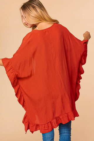 Tracy Ruffled Edge Kimono Cardigan in Spice-4- Overlayer Tops-HAPTICS-Styled by Stacked - A Plus Size Women's Boutique in Lakeville, MN