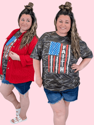 6- Graphic Tops Faith Flag on Camo Tee plus size clothing