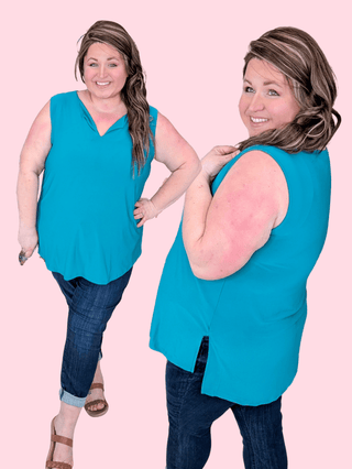 1- ShortSlv/Slvless Tops Fallyn Slit Neck Tank w/Side Slits in Teal plus size clothing