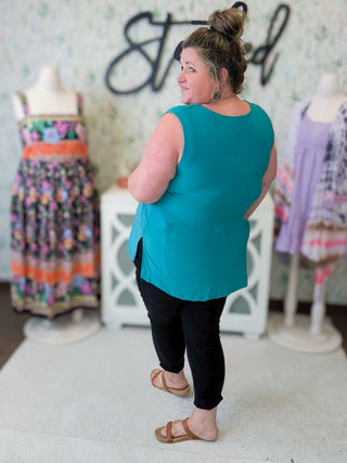 Farryn Slit Neck Tank w/Side Slits in Jewel Teal-1- ShortSlv/Slvless Tops-WHITE BIRCH-Styled by Stacked - A Plus Size Women's Boutique in Lakeville, MN