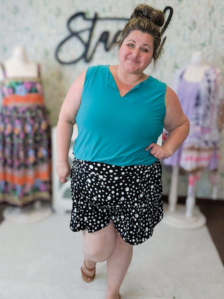 Farryn Slit Neck Tank w/Side Slits in Jewel Teal-1- ShortSlv/Slvless Tops-WHITE BIRCH-Styled by Stacked - A Plus Size Women's Boutique in Lakeville, MN