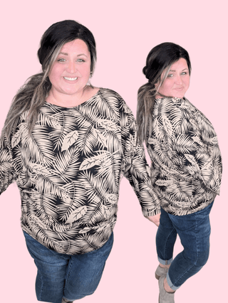 Fawn Boatneck Dolman Top in Black + Taupe Leaf Print-2- Long Sleeve Tops-WHITE BIRCH-Styled by Stacked - A Plus Size Women's Boutique in Lakeville, MN