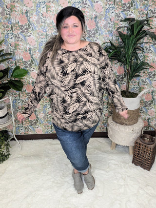 Fawn Boatneck Dolman Top in Black + Taupe Leaf Print-2- Long Sleeve Tops-WHITE BIRCH-Styled by Stacked - A Plus Size Women's Boutique in Lakeville, MN