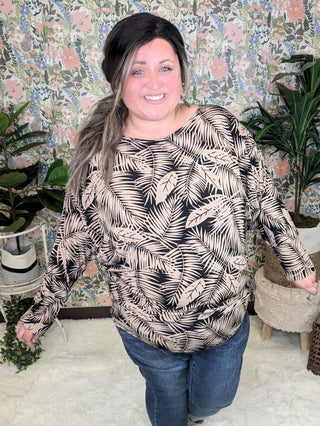 Fawn Boatneck Dolman Top in Black + Taupe Leaf Print-2- Long Sleeve Tops-WHITE BIRCH-Styled by Stacked - A Plus Size Women's Boutique in Lakeville, MN