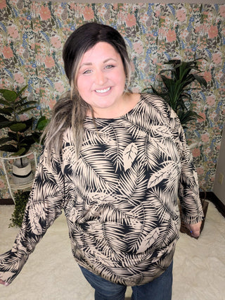 Fawn Boatneck Dolman Top in Black + Taupe Leaf Print-2- Long Sleeve Tops-WHITE BIRCH-Styled by Stacked - A Plus Size Women's Boutique in Lakeville, MN