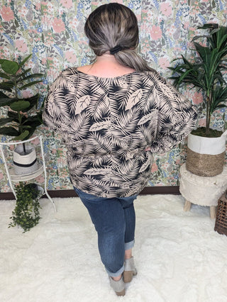 Fawn Boatneck Dolman Top in Black + Taupe Leaf Print-2- Long Sleeve Tops-WHITE BIRCH-Styled by Stacked - A Plus Size Women's Boutique in Lakeville, MN