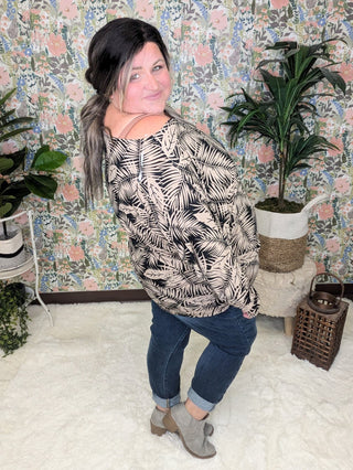 Fawn Boatneck Dolman Top in Black + Taupe Leaf Print-2- Long Sleeve Tops-WHITE BIRCH-Styled by Stacked - A Plus Size Women's Boutique in Lakeville, MN