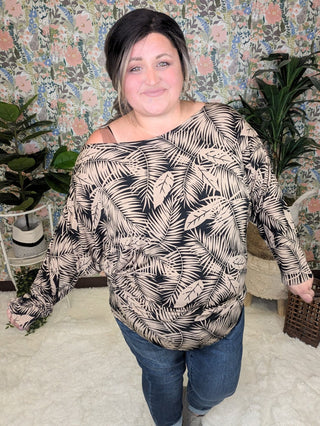 Fawn Boatneck Dolman Top in Black + Taupe Leaf Print-2- Long Sleeve Tops-WHITE BIRCH-Styled by Stacked - A Plus Size Women's Boutique in Lakeville, MN
