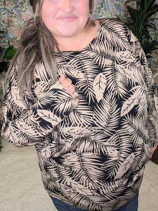 Fawn Boatneck Dolman Top in Black + Taupe Leaf Print-2- Long Sleeve Tops-WHITE BIRCH-Styled by Stacked - A Plus Size Women's Boutique in Lakeville, MN